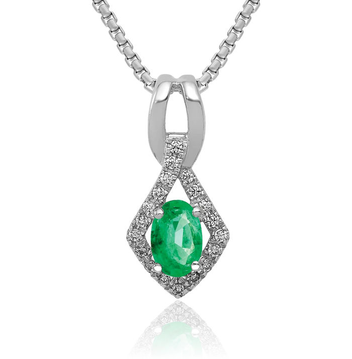 14K Solid White Gold Diamond Oval Green Emerald Necklace Gemstone Pendant Charm