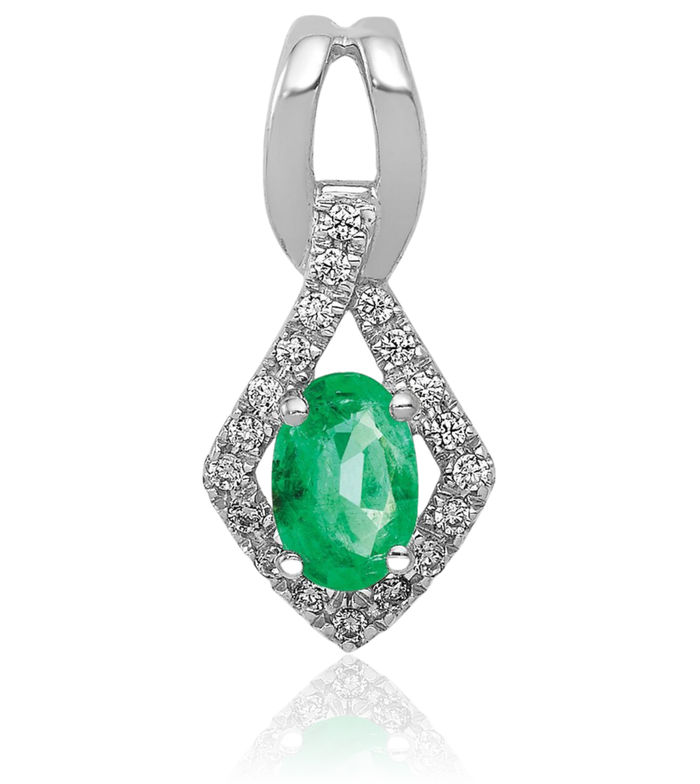 14K Solid White Gold Diamond Oval Green Emerald Necklace Gemstone Pendant Charm