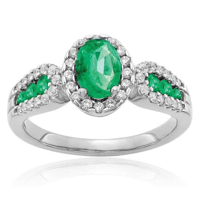 14K Solid White Gold Diamond Oval Green Emerald Ring Gemstone Band May Birthstone Jewelry