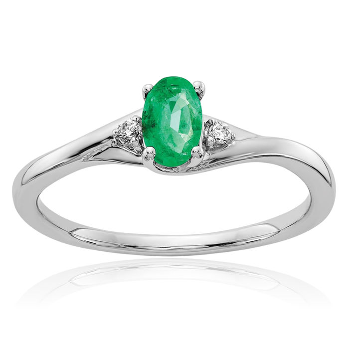 14K Solid White Gold Diamond Oval Green Emerald Ring Gemstone Band May Birthstone Jewelry