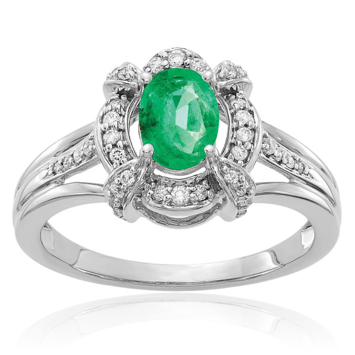 14K Solid White Gold Diamond Oval Green Emerald Ring Gemstone Band May Birthstone Jewelry