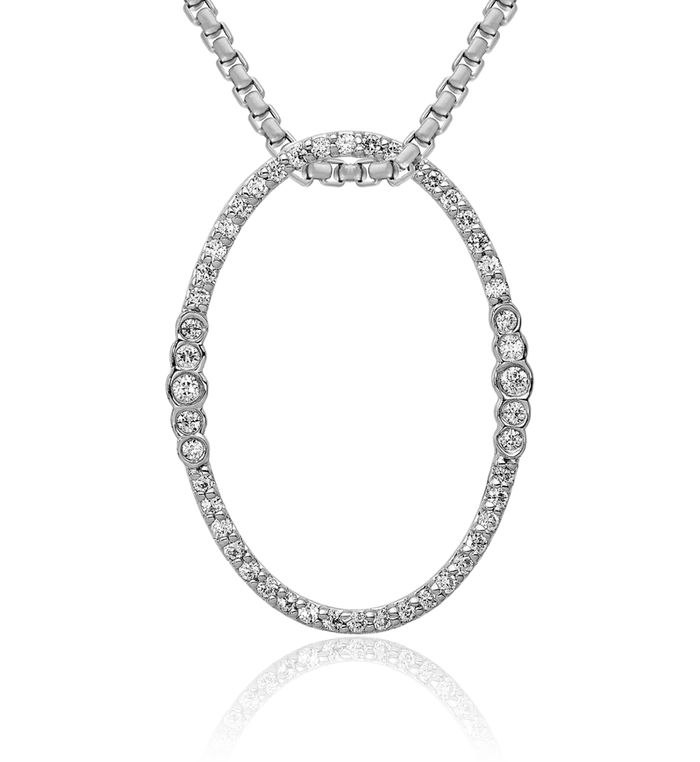 14K Solid White Gold Diamond Oval Floating Chain Slide Pendant Necklace Charm