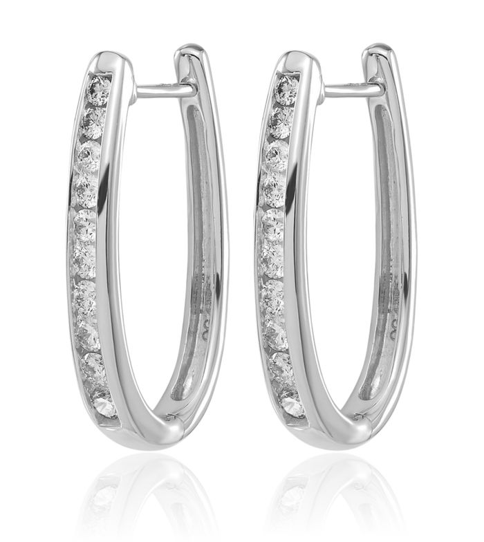 14K Solid White Gold Diamond Oval Medium Hoop Earrings