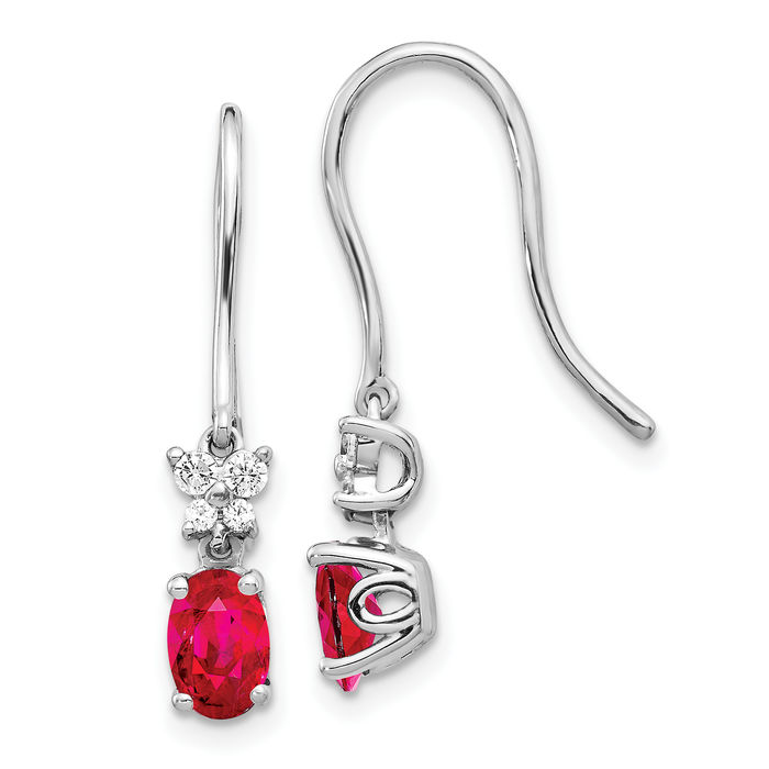 14K Solid White Gold Diamond Oval Red Ruby Drop Dangle Earrings July Birthstone Jewelry