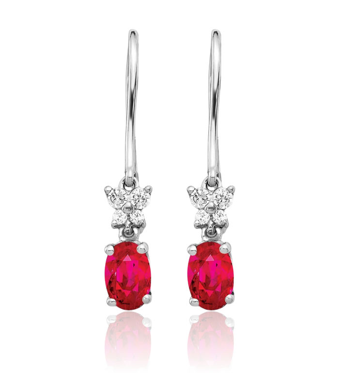 14K Solid White Gold Diamond Oval Red Ruby Drop Dangle Earrings July Birthstone Jewelry