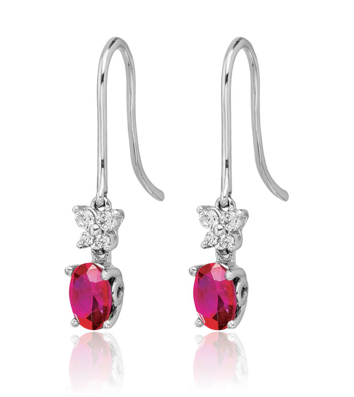 14K Solid White Gold Diamond Oval Red Ruby Drop Dangle Earrings July Birthstone Jewelry