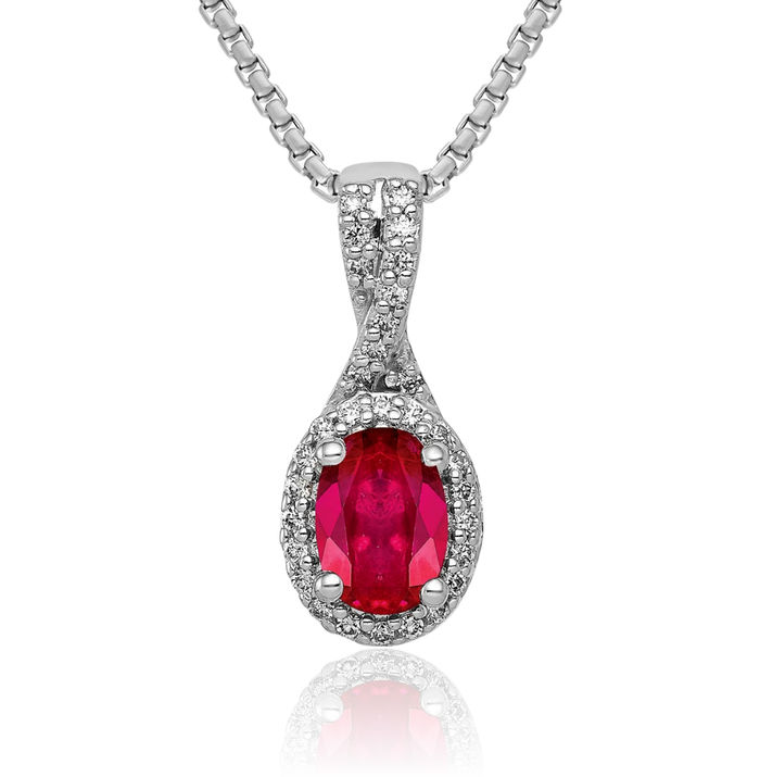 14K Solid White Gold Diamond Oval Red Ruby Halo Necklace Gemstone Pendant Charm