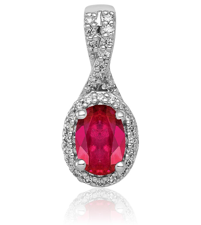 14K Solid White Gold Diamond Oval Red Ruby Halo Necklace Gemstone Pendant Charm