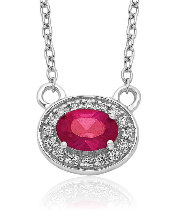 14K Solid White Gold Diamond Oval Red Ruby Necklace Chain Gemstone Pendant Charm