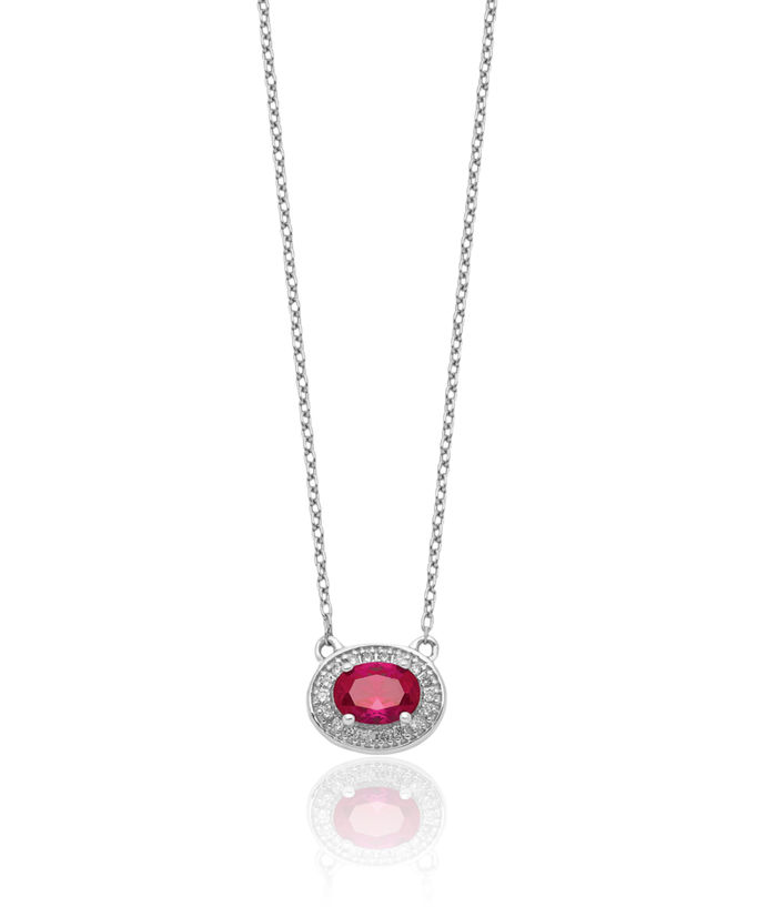 14K Solid White Gold Diamond Oval Red Ruby Necklace Chain Gemstone Pendant Charm