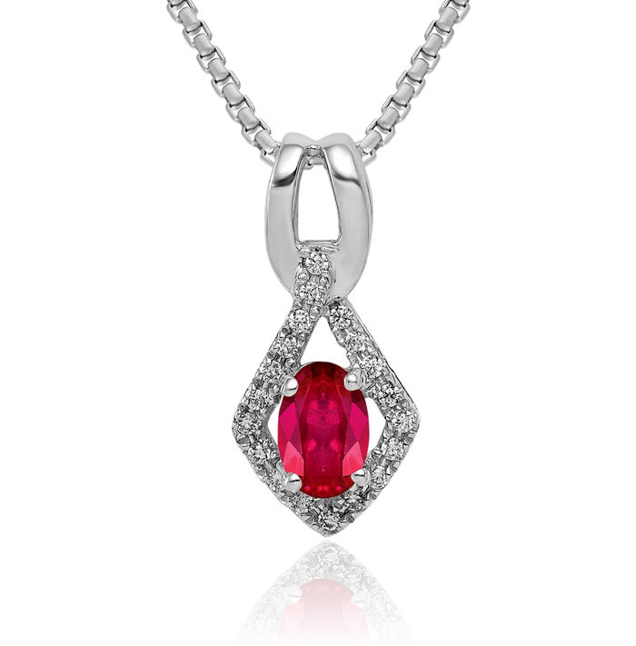 14K Solid White Gold Diamond Oval Red Ruby Necklace Gemstone Pendant Charm