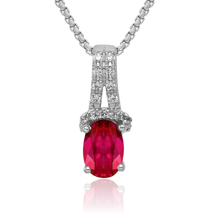 14K Solid White Gold Diamond Oval Red Ruby Necklace Gemstone Pendant Charm