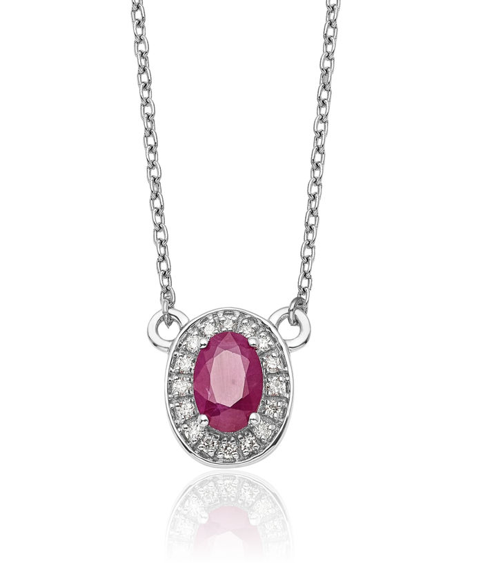 14K Solid White Gold Diamond Oval Red Ruby Necklace Chain Gemstone Pendant Charm