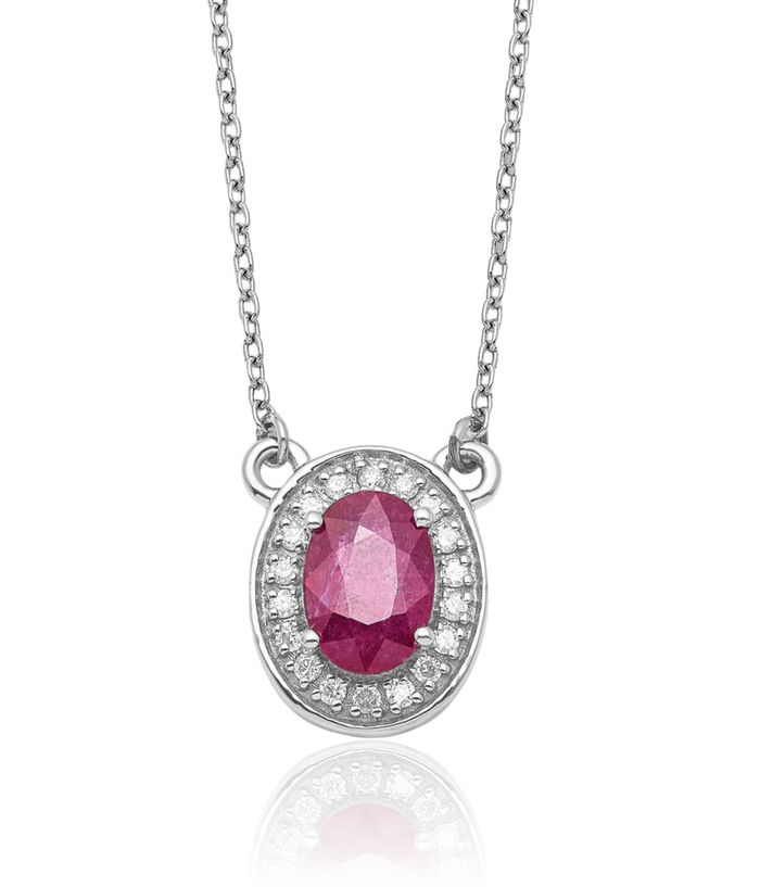 14K Solid White Gold Diamond Oval Red Ruby Necklace Chain Gemstone Pendant Charm