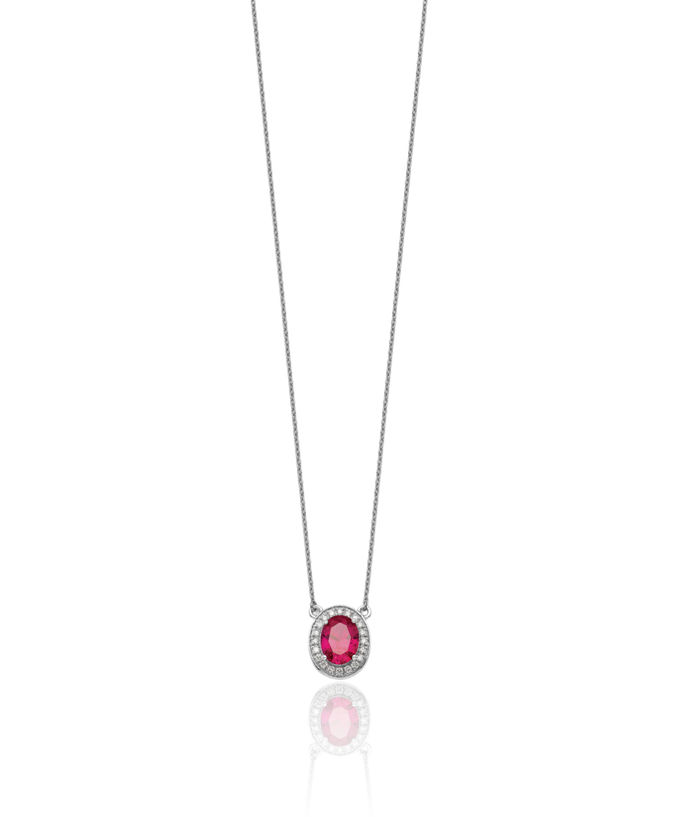 14K Solid White Gold Diamond Oval Red Ruby Necklace Chain Gemstone Pendant Charm