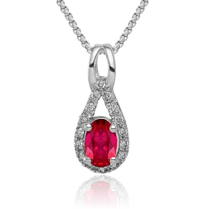 14K Solid White Gold Diamond Oval Red Ruby Necklace Gemstone Pendant Charm