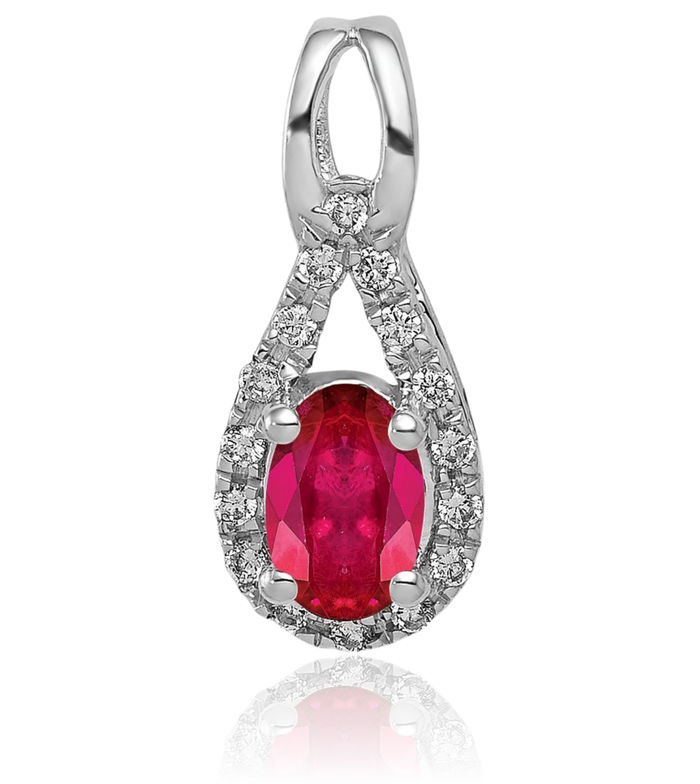 14K Solid White Gold Diamond Oval Red Ruby Necklace Gemstone Pendant Charm