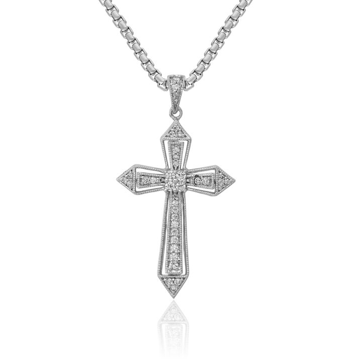 14K Solid White Gold Diamond Passion Holy Cross Necklace Religious Chain Pendant Jesus Christ Charm