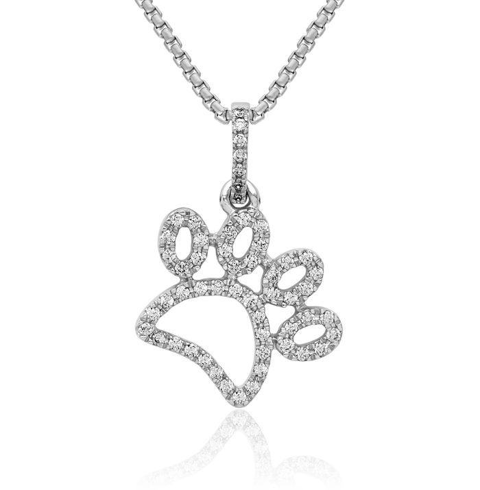 14K Solid White Gold Diamond Paw Print Pet Necklace Chain Pendant Charm