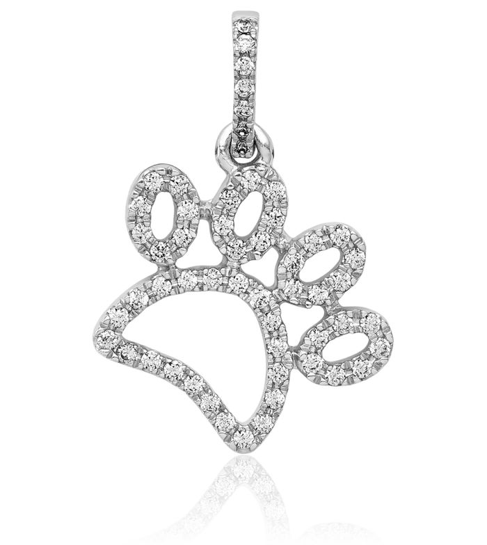 14K Solid White Gold Diamond Paw Print Pet Necklace Chain Pendant Charm