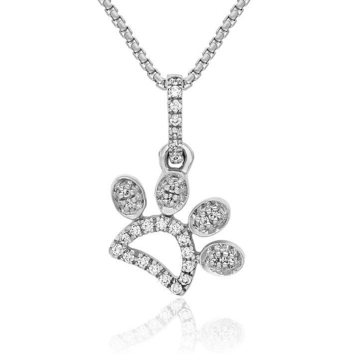 14K Solid White Gold Diamond Paw Print Pet Necklace Chain Pendant Charm
