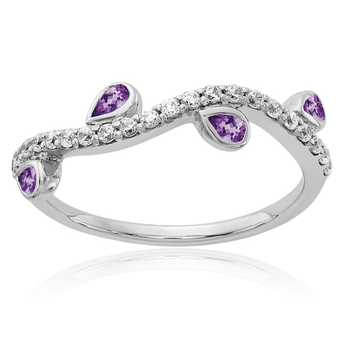 14K Solid White Gold Diamond Pear Purple Amethyst Flower Ring Gemstone Band February Birthstone Jewelry