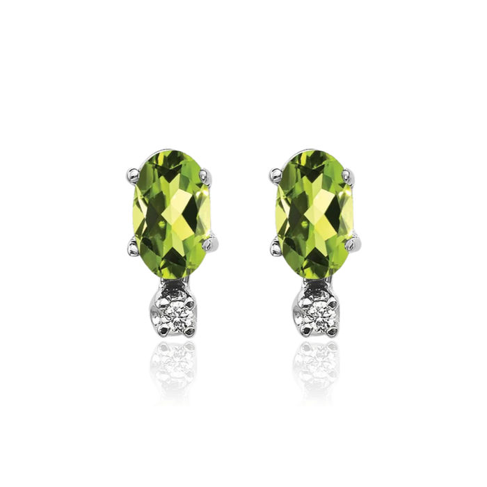 14K Solid White Gold Diamond Green Peridot Stud Earrings Gemstone Post Push Back April August Birthstone Jewelry