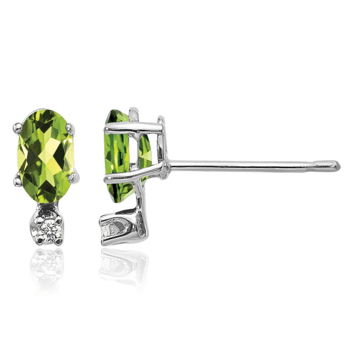 14K Solid White Gold Diamond Green Peridot Stud Earrings Gemstone Post Push Back April August Birthstone Jewelry