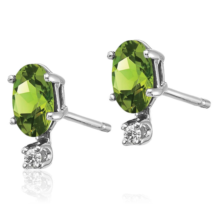 14K Solid White Gold Diamond Green Peridot Stud Earrings Gemstone Post Push Back April August Birthstone Jewelry