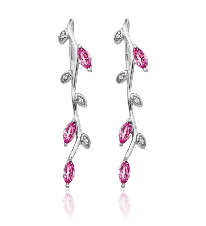 14K Solid White Gold Diamond Pink Sapphire Drop Dangle Earrings Gemstone Threader