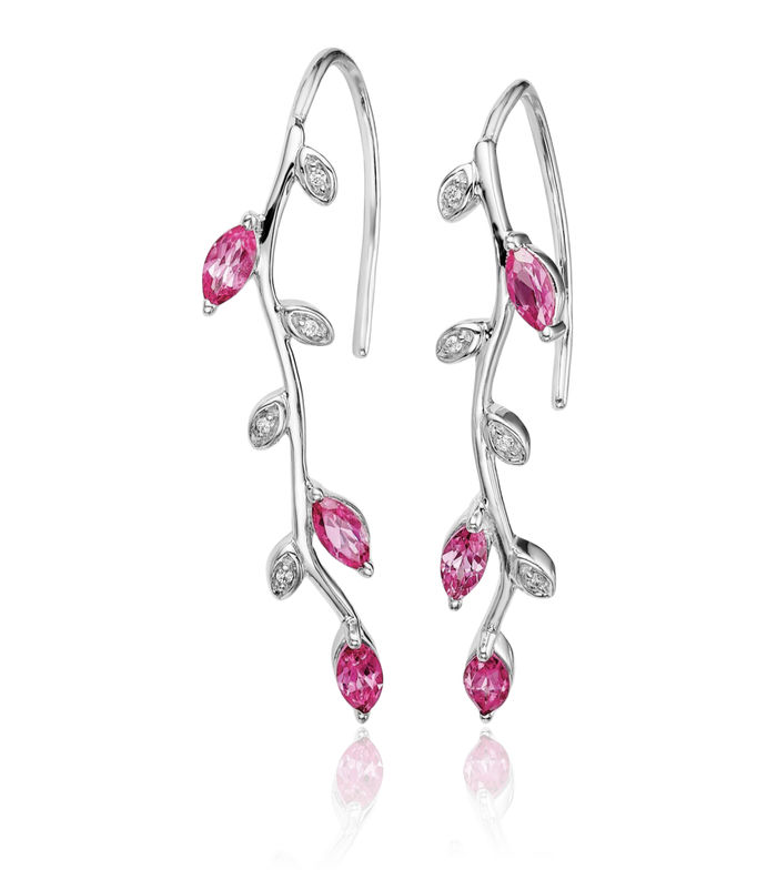 14K Solid White Gold Diamond Pink Sapphire Drop Dangle Earrings Gemstone Threader