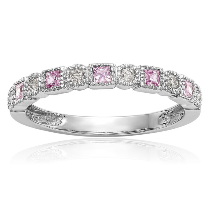 14K Solid White Gold Diamond Pink Sapphire Wedding Band Ring Gemstone October Birthstone Jewelry