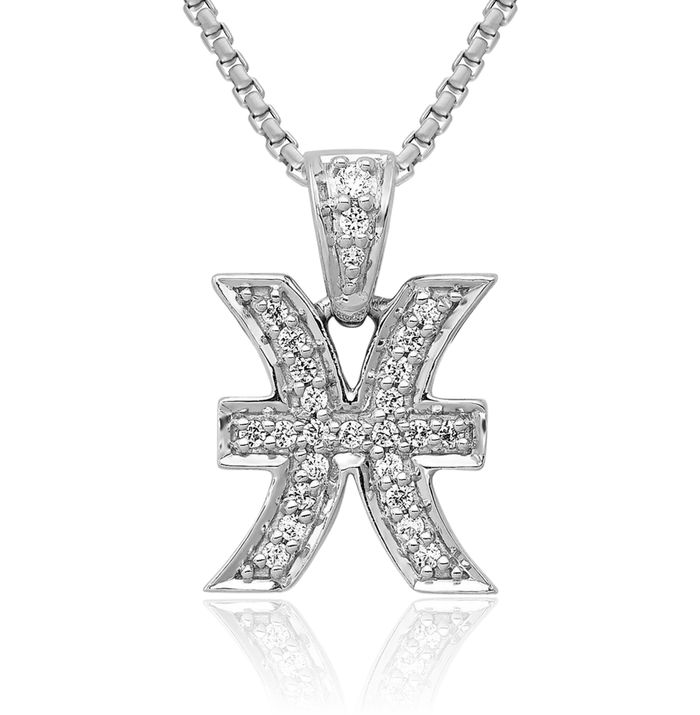 14K Solid White Gold Diamond Pisces Zodiac Necklace Fish Horoscope Pendant February March Birthday Charm Astrology Jewelry