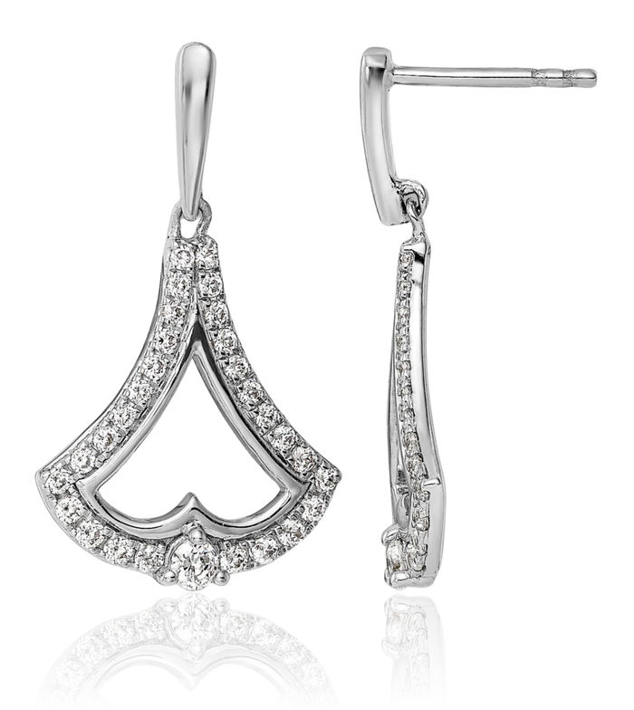 14K Solid White Gold Diamond Post Drop Dangle Earrings