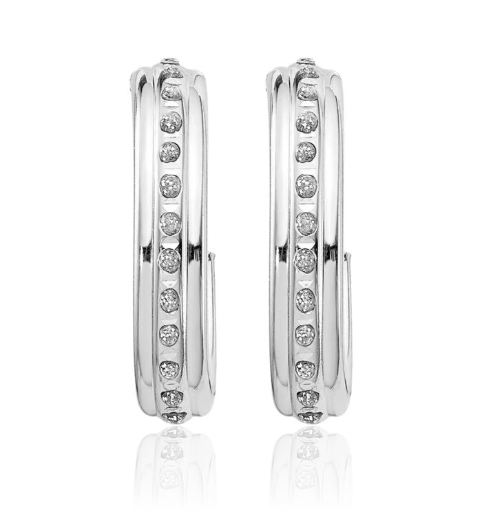 14K Solid White Gold Diamond Post J Hoop Earrings