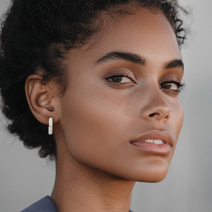 14K Solid White Gold Diamond Post J Hoop Earrings