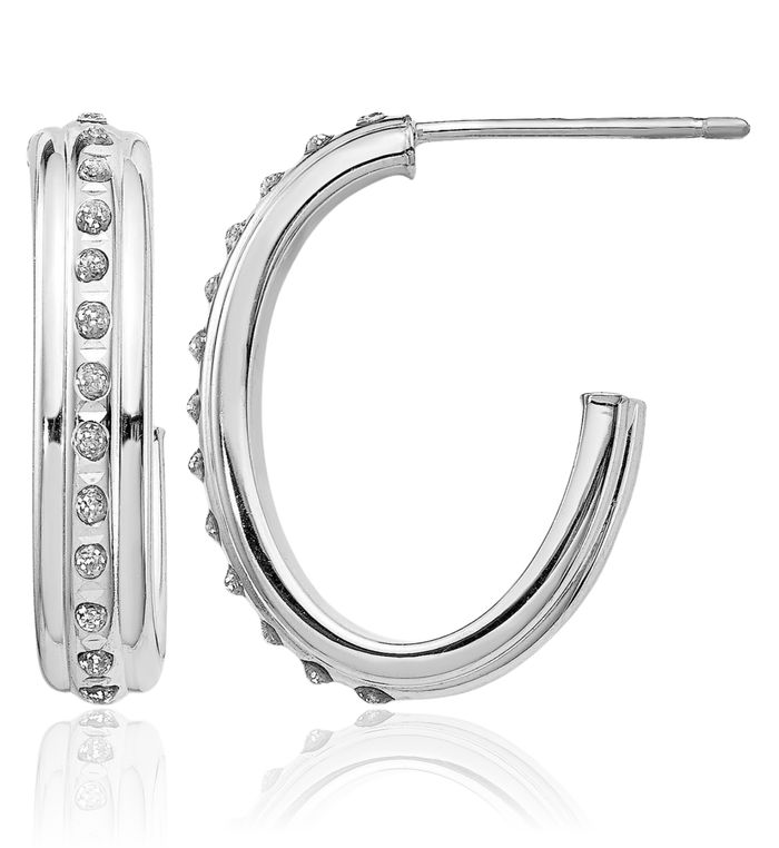 14K Solid White Gold Diamond Post J Hoop Earrings
