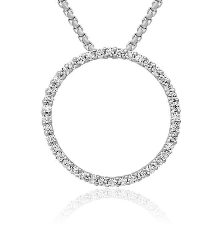 14K Solid White Gold Diamond Circle Round Floating Chain Slide Pendant Necklace Charm