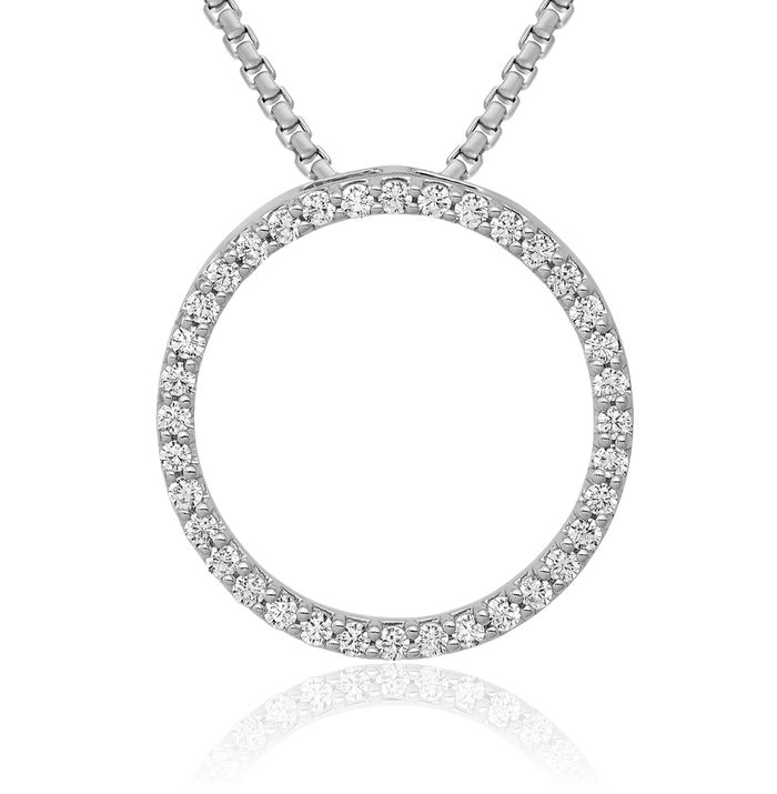 14K Solid White Gold Lab Diamond Circle Round Chain Necklace Pendant Charm