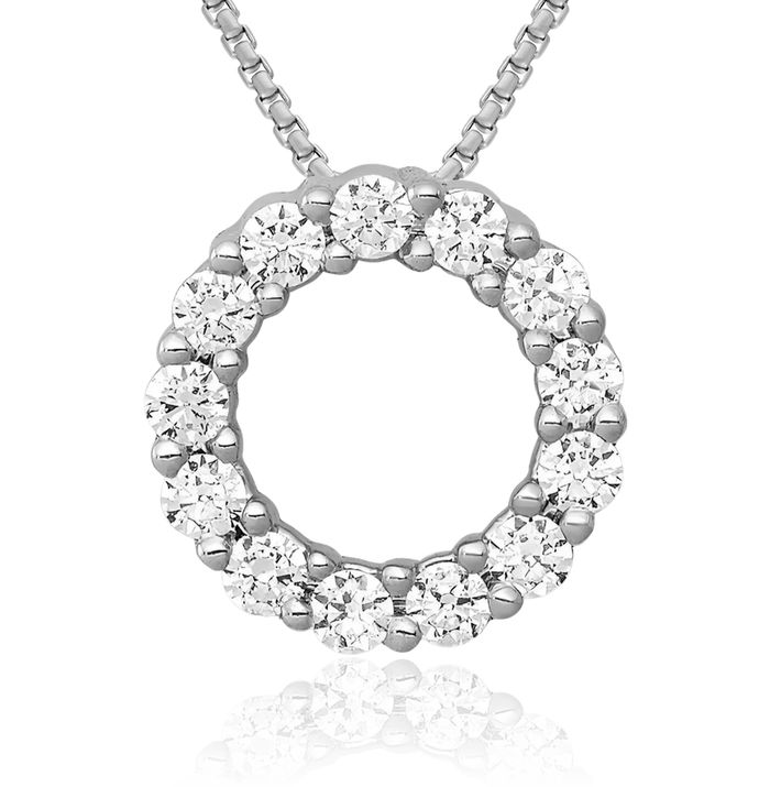 14K Solid White Gold Diamond Circle Round Floating Chain Slide Pendant Necklace Charm