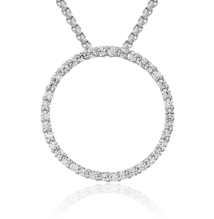 14K Solid White Gold Lab Diamond Circle Round Chain Necklace Pendant Charm