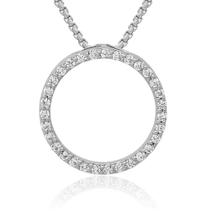 14K Solid White Gold Diamond Circle Round Floating Chain Slide Pendant Necklace Charm