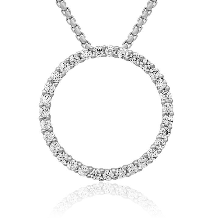 14K Solid White Gold Diamond Circle Round Floating Chain Slide Pendant Necklace Charm