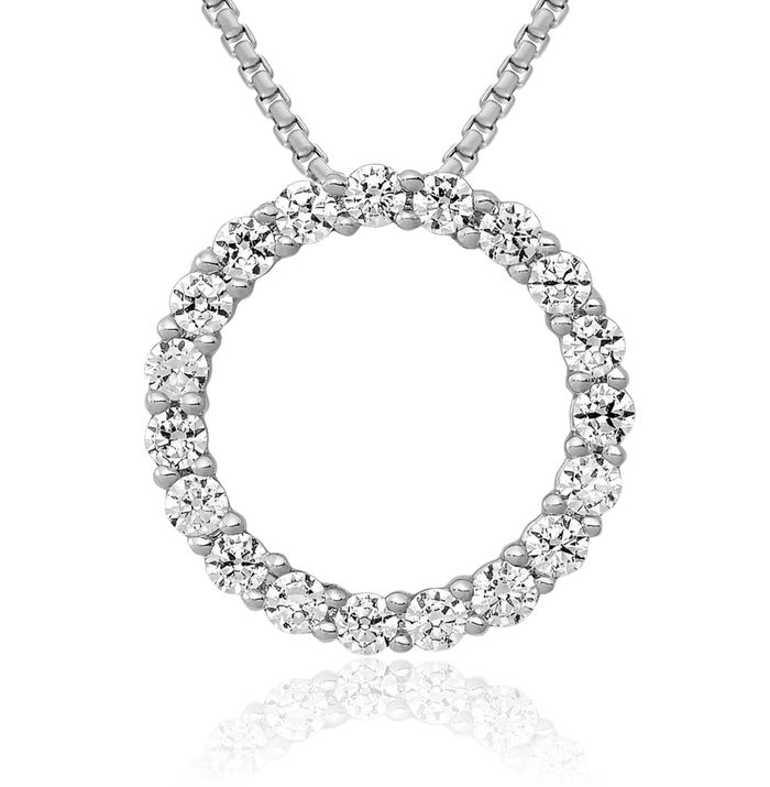 14K Solid White Gold Diamond Circle Round Floating Chain Slide Pendant Necklace Charm