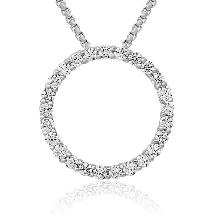 14K Solid White Gold Lab Diamond Circle Round Chain Necklace Pendant Charm