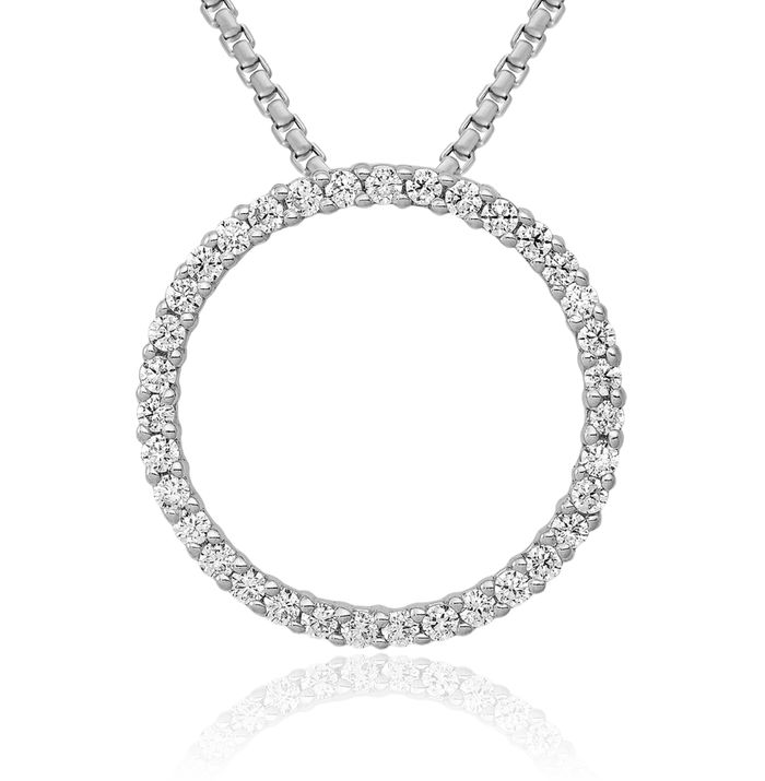 14K Solid White Gold Diamond Circle Round Floating Chain Slide Pendant Necklace Charm