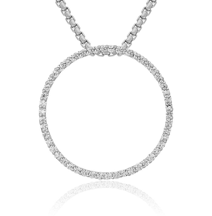 14K Solid White Gold Diamond Circle Round Floating Chain Slide Pendant Necklace Charm