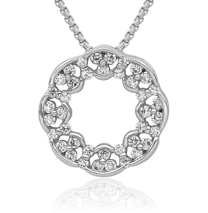 14K Solid White Gold Diamond Circle Round Floating Chain Slide Pendant Necklace Charm