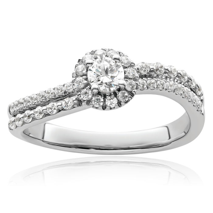 14K Solid White Gold Diamond Round Halo Engagement Ring