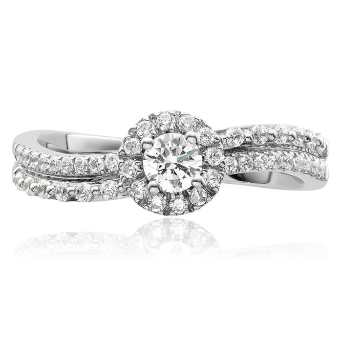 14K Solid White Gold Diamond Round Halo Engagement Ring